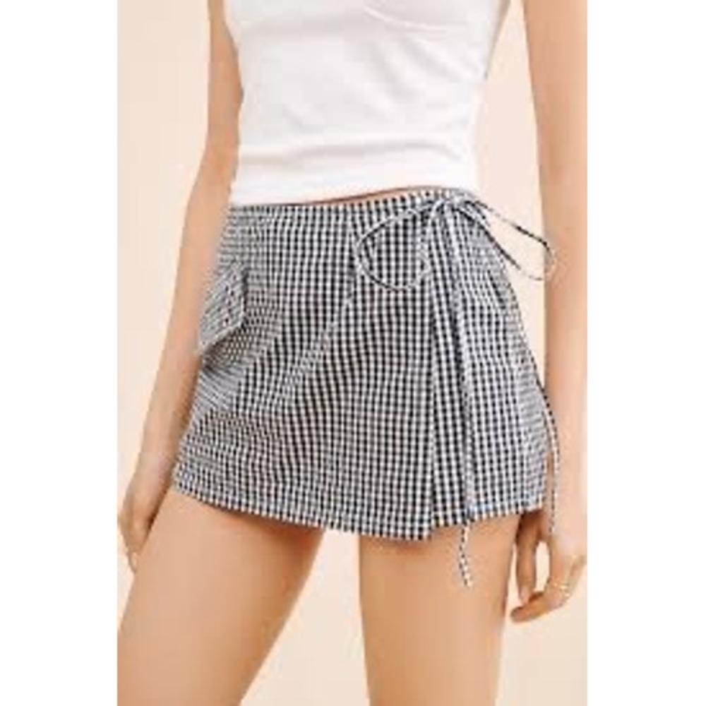 Maeve Anthropologie Black White Gingham Wrap Front Skort Tie Side Size 12